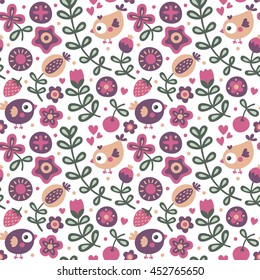 Seamless cute floral  pattern with bird, flowers, plants, leaf, berry, heart