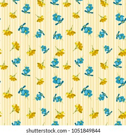 Seamless cute floral pattern. Blue and yellow flowers wallpaper. Vector background illustration