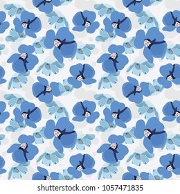 Seamless cute floral pattern. Blue flower wallpaper. Vector background illustration