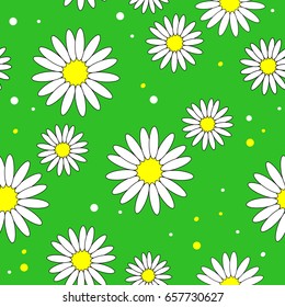 Seamless cute floral pattern with bright daisies on a green background. Suitable as a texture for gift wrapping. Vector illustration.