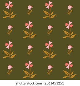 Seamless cute floral pattern design on dark green background