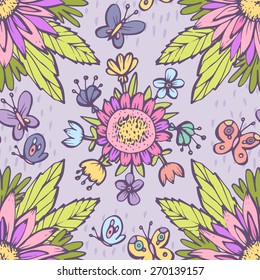 Seamless cute floral pattern. Flowers and butterflys cool colors, purple background, style children's drawing. Can be used for curtains, wallpaper, pattern fills, web page background, surface textures