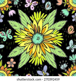 Seamless cute floral pattern. Flowers and butterflys contrasting black background, warm colors, the style of children's drawing. Can be used for curtains, wallpaper, pattern fills, web page background