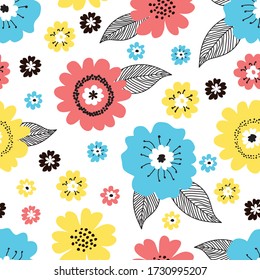 Patrón floral lindo e inmaculado con las manos dibujadas varias flores primaverales coloreadas azules y amarillas rojas con hojas negras sobre fondo blanco. Diseño vectorial de estilo retro vintage para tela, papel de envoltura, cubierta
