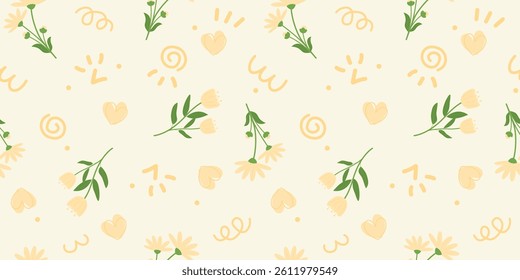 Seamless cute floral pattern with hand-drawn yellow daisies, hearts, swirls, and green leaves on a light background. Perfect for fabric, wallpaper, packaging, or stationery design