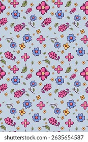 Nahtloses süßes Blumenmuster mit handgezeichneten Blumen auf hellblauem Hintergrund
