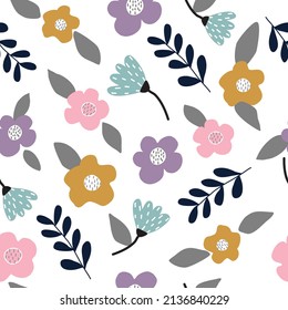 Seamless cute floral pattern on white background. Use it for wall prints, pillows, interiors, kids wear and shirts, greeting cards, vectors and more.