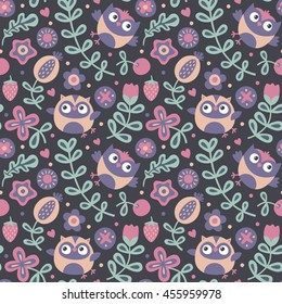 Seamless cute floral  pattern with owls, flowers, plants, leaf, berry, heart