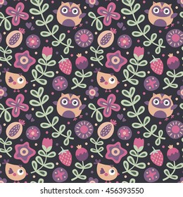 Seamless cute floral  pattern with owls, flowers, plants, leaf, berry, heart