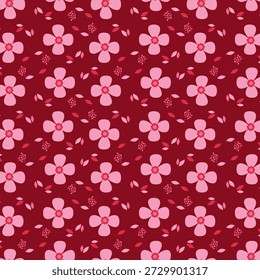 Padrão floral bonito sem emenda com flores e folhas cor-de-rosa no fundo vermelho. Ilustração vetorial para produtos infantis, tecido, papel de parede, papel de embalagem, embalagem e design de superfície.