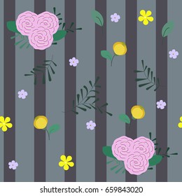 Seamless cute floral pattern. Pink flowers and buds of roses, leaves, and twigs. Gray and burgundy striped background. Vector illustration. Can be used for fabrics, home textiles, wrapping paper 