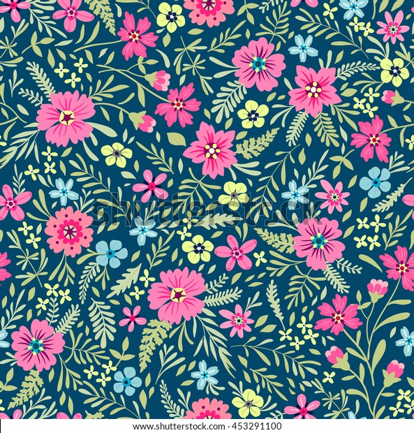 シームレスなかわいい花柄 ピンクと青の小さな花 白い背景に花の柄 ディティー花柄の背景 ファッションプリント用のエレガントなテンプレート ハーブと野草 のベクター画像素材 ロイヤリティフリー