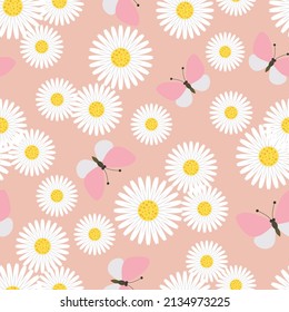diseño floral sin fisuras, flor de margarita blanca y fondo rosado de melocotón, ilustración vectorial para todas las impresiones