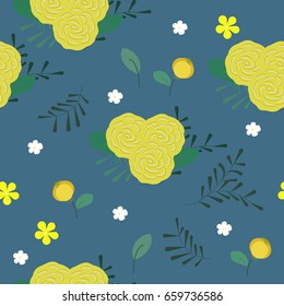 Seamless cute floral pattern. Yellow flowers and buds of roses, leaves, and twigs. Blue background. Vector illustration. Can be used for fabrics, home textiles, wrapping paper or for decoration sites
