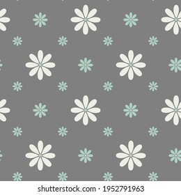 Seamless cute floral vector background. Floral pattern on grey background turquoise and white delicate chamomile flowers. For wallpaper, dressing, plaid, towel, covers, wrapping paper, clothes, print