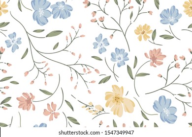 Seamless cute floral vector pattern with meadow flowers . Flower background.