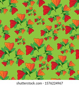 Seamless cute floral vector pattern background. Flower orange pattern on green background