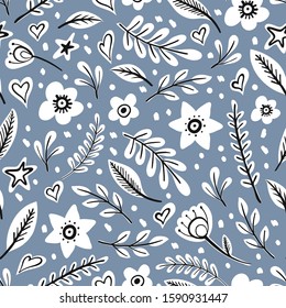Seamless cute floral vector pattern background. Flower pattern on blue background
