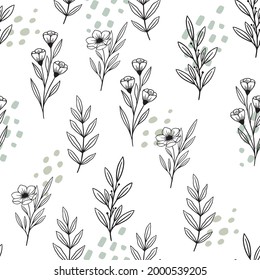 Seamless cute floral vector pattern with plant and flowers. Flower background.