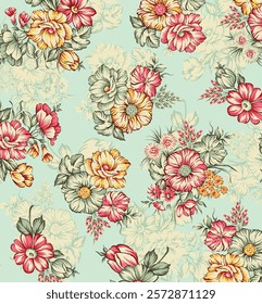 Seamless cute floral vector pattern with meadow flowers . Flower background.