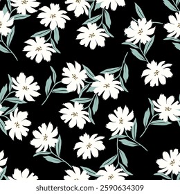 Seamless cute floral vector pattern with meadow flowers . Flower background.