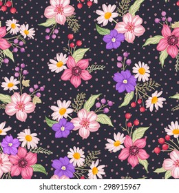 Seamless Cute Floral Vector Pattern Background.
Flower Pattern On Dark Background