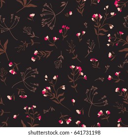 Seamless Cute Floral Vector Pattern Background. Flower Pattern On Dark Background