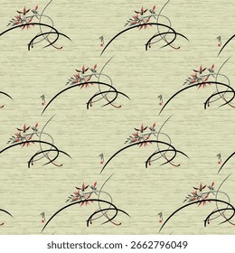 Seamless cute floral vector patternwith small scattered branches with flowerspurple on  beige background. Floral illustration for wallpapers, textile or wrapping paper