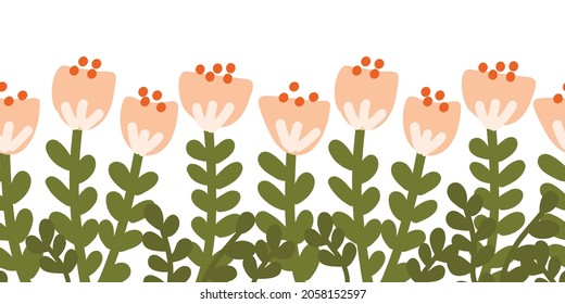 Seamless Cute Flower Border Isolated On White Background. Hand Drawn Floral Vector Illustration Child Like Tulips Colorful Repeating Pattern For Spring, Easter Card Decor, Fabric Trim, Footer, Ribbon.