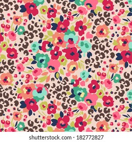 seamless cute flower mix and leopard vector pattern.