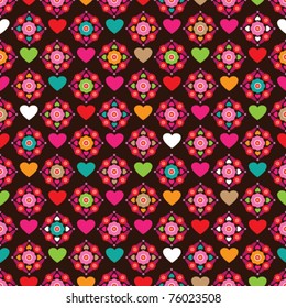 Seamless cute flower pattern background with heart shaped illustration in vector