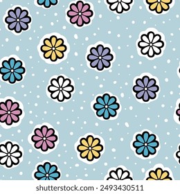 Seamless cute flowers design with bright colour, vector illustration, Seamless repeat pattern with flowers on sky blue background.