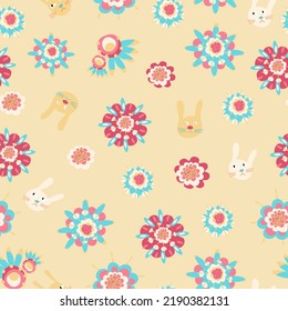 Seamless cute folk doodle autumn pattern with blue flowers and yellow bunny faces for textile and wrapping paper