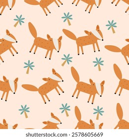 Seamless Cute Fox Pattern. vector illustration	