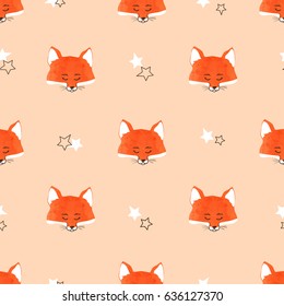 Seamless cute foxes pattern. Vector background with fox heads. 