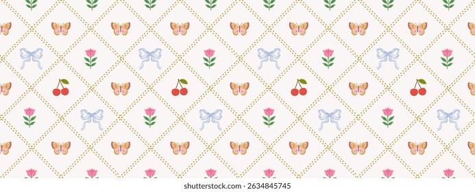 Seamless cute french floral and butterfly pattern with cherry, flower, bow, and tulip. Ideal for kids' fabrics, wrapping paper, wallpapers, scrapbooking, and romantic vintage design.	