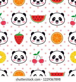 seamless cute fruits and panda vector pattern background. cute animal pattern