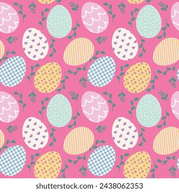 Seamless cute fun pattern of easter eggs decorated in pastel shades, with a collage of mixed motifs in them like florals, checks, stripes, dots, wavy lines. Great for kids clothing and decor, wrapping