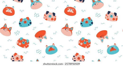 Seamless cute funny pattern with colorful dog faces. Vector illustration for fabric and textile.