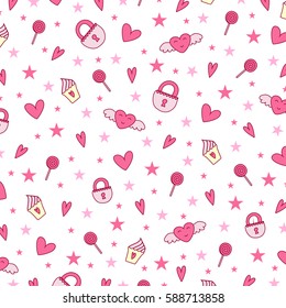 Seamless cute funny vector icon love pattern. Design print background image.