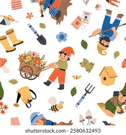 Seamless cute garden gnomes and elements. Repeated tools and agriculture objects, people in dwarf hats take care of plants, vector pattern