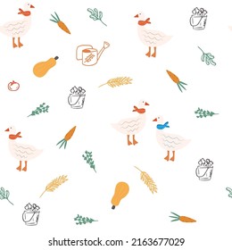 Seamless cute geese pattern. Cartoon goose simple print. Vector illustration on white background carrot, pumpkin, seedlings, tomato, harvest and geese