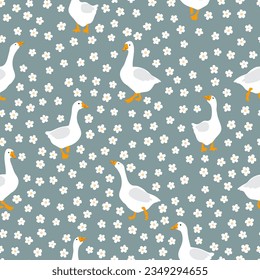 Seamless cute geese pattern. Cartoon goose bird simple print. Vector illustration