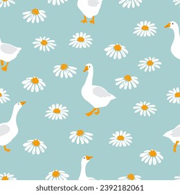 Seamless cute geese pattern. Cartoon goose and flowers print. Vector illustration