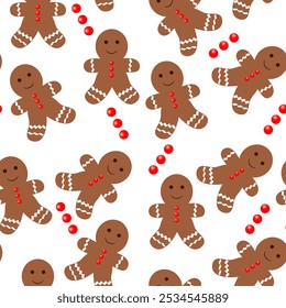 Seamless cute gingerbread man pattern background transparent with Christmas elements. PNG vector illustration. gingerbread man cookie, concept of holidays and fun.