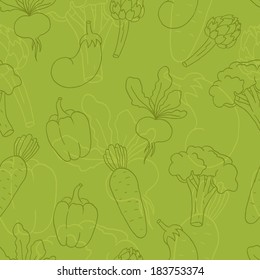 Seamless cute green background with different vegetables