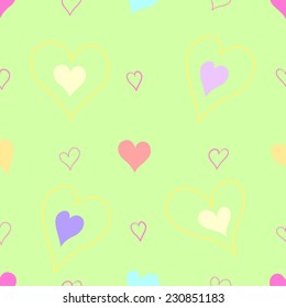 Seamless cute green pattern with hand-drawn hearts for girls