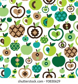 Seamless cute green retro apple pattern in vector