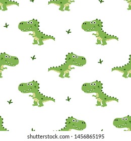 Seamless Cute Green T-Rex Pattern in White Background