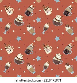 Seamless cute Halloween party pattern of hot chocolate, coffee and magic.